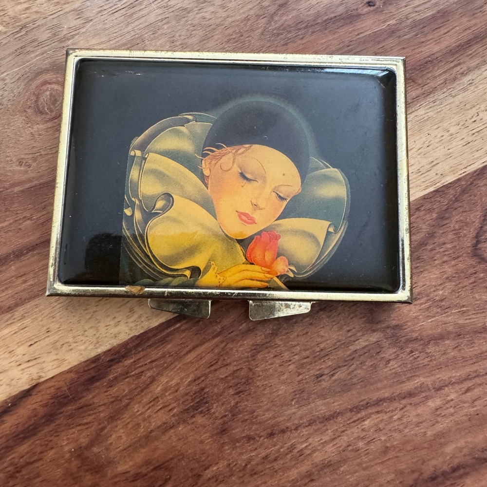 Mid Century Harlequin Clowns Brass & enamel pill box
